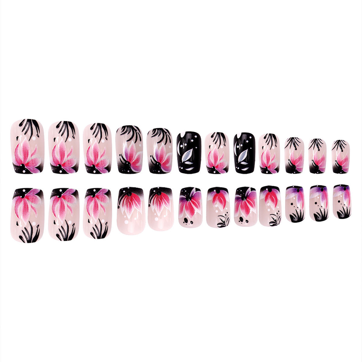 【Press-on Nail】【Medium-Length】 Black Edge Gradient Pink Purple Flower