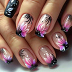 【Press-on Nail】【Medium-Length】 Black Edge Gradient Pink Purple Flower