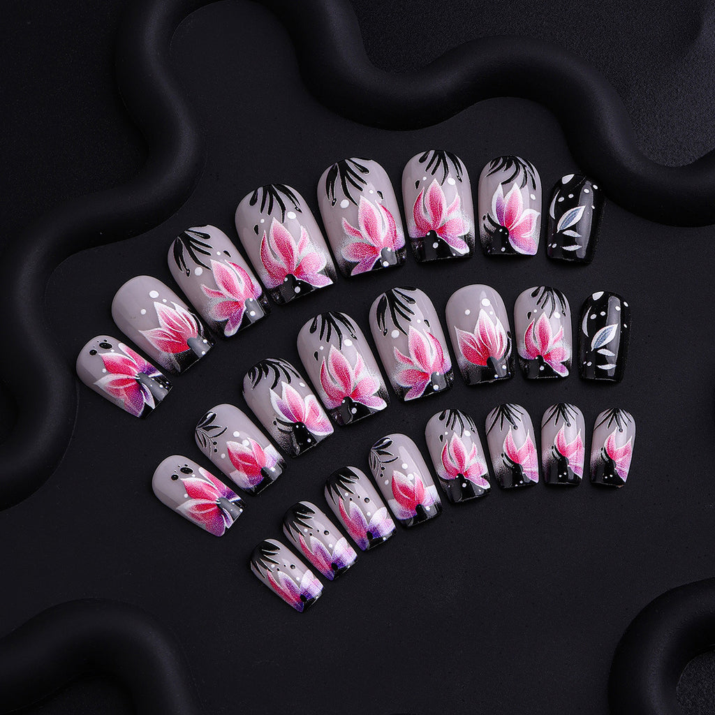 【Press-on Nail】【Medium-Length】 Black Edge Gradient Pink Purple Flower