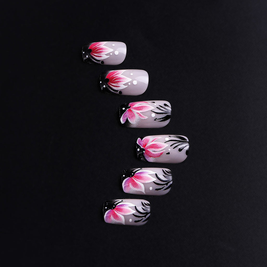 【Press-on Nail】【Medium-Length】 Black Edge Gradient Pink Purple Flower